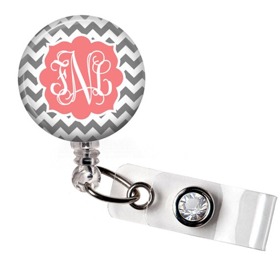 Retractable ID Badge Reel - Personalized Gray and Coral Chevron Monogram Reel Badge ID - Nurse Badge Reel - 0197