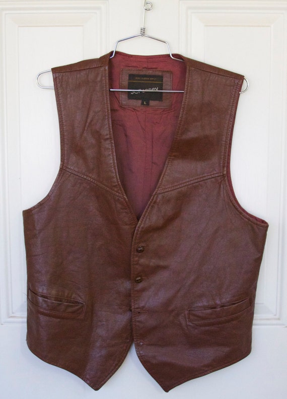 Mens Vintage Brown Leather vest JC Penny Country Western