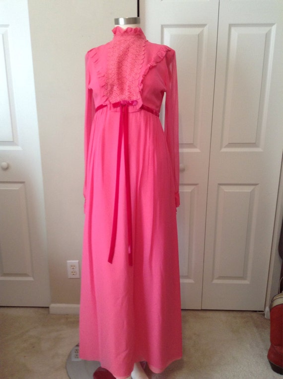 60s Hit Pink Satin Lace Long Dress / High Neck Empire Waist