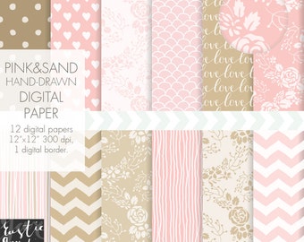 PINK digital paper. BEIGE hand-drawn floral, chevron, stirped, heart digital paper. Shabby chic digital paper for wedding, birthdays.