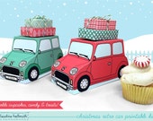 christmas retro cars - cupcake boxes hold cookies and treats, gift and favor boxes, centerpiece printable PDF kit - INSTANT download Il_170x135