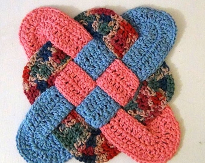 Celtic Knot Design Hot Pad / Trivet - Pink, Blue, Multicolor - Handmade Crochet Trivet