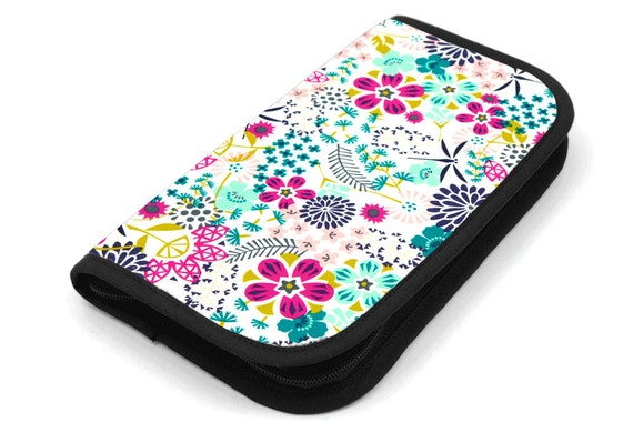 Travel Zip Around Knitting Needle Case - Way of Flowers - black pocket organizer with clear zipper pouch