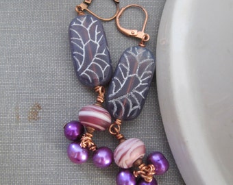Pearl Earrings, Glass Earrings, Copper Earrings, Purple Glass, Copper Jewelry, Purple Pearls, Freshwater Pearls, Pink Glass