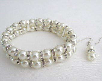 Bridal Pearl Bracelet, Bridesmaid Bracelet, Cuff Two Strand Wedding Jewelry, Ivory Pearl Bracelet, Stretchable Bracelet Free Shipping USA