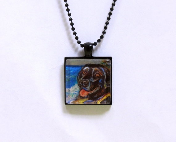 Labrador  painting tile beach Lab Glass   painting Tile smile Black glass Art Pendant black