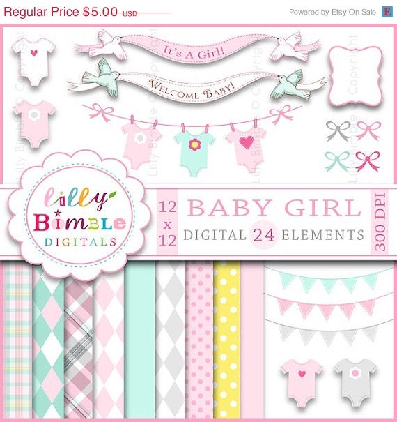 50% off Baby Girl clipart digital papers for shower invitation, clothespin line, banner, pastel pink, bunting INSTANT DOWNLOAD Il_570xn