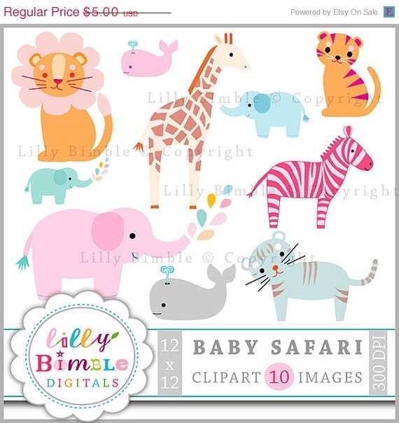 50% off Baby Safari Clipart lion, tiger, giraffe, whale, elephant, zebra Digital Download baby shower, invites, scrapbooking Il_570xn