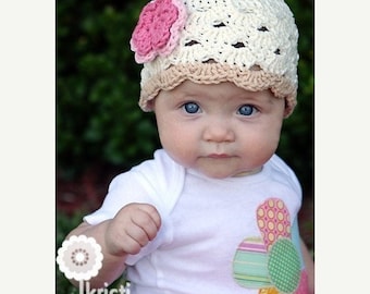 Knit Flower Toddler Hat in Eggshell with Pink Flower - Knit Toddler Hat - Knit Girls Hat