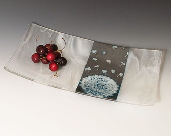 Dandelion Fused Glass Serving Platter, Dandelion, Nature, Silver and Blue, Platter