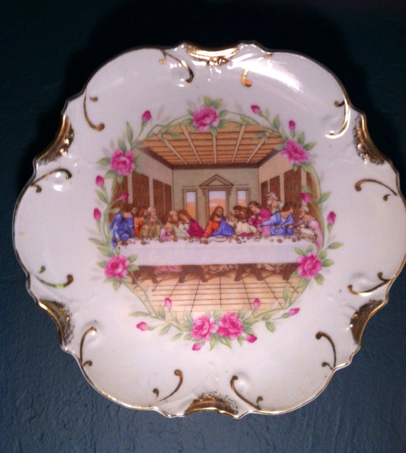 Vintage Last Supper Collectible Plate 18k Gold Trim 1960s