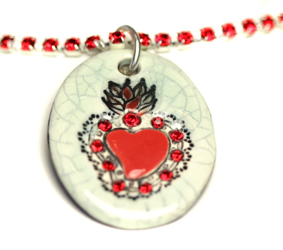 Crackle and Red Sacred Heart Sparkle Surly Necklace with Swarovski Crystals