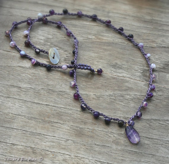 Amethyst and Purple Striped Agate Crocheted Necklace Hippie