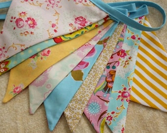 Shabby Chic Fabric Bunting, Pink, Yellow, Blue Photography Prop, Flags, Designer's Choice. Also For Weddings and Parties.