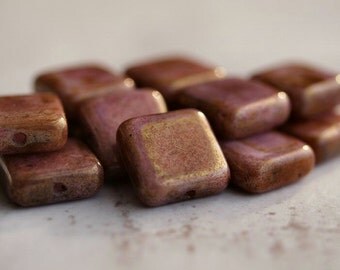 Dark Rose Gold Topaz Luster Czech Glass Bead 10mm Square : 10 pc
