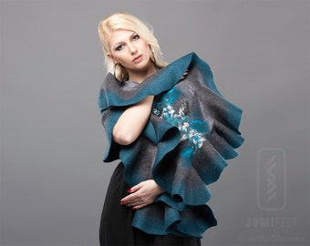 Felt Scarf - Wavy ruffled Shawl - Shiny Grey and Teal - Handmade wool and silk gift