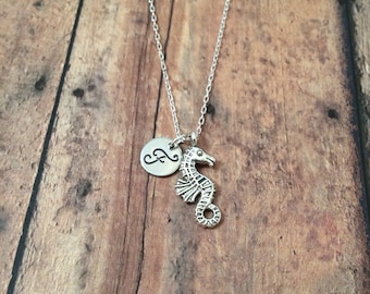 Seahorse initial necklace - seahorse jewelry, ocean necklace, beach jewelry, silver seahorse necklace, ocean jewelry, aquarium necklace