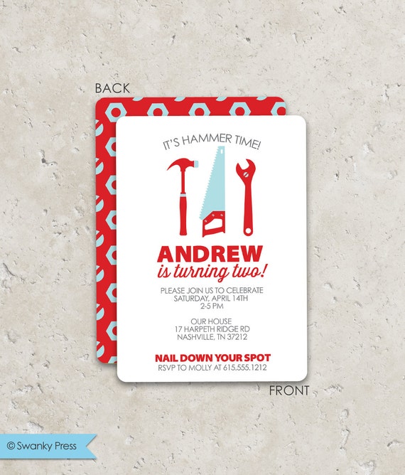 Tools Birthday Party Invitations . Fun 2-sided Design on premium cardstock . Great for construction or builder boy parties Il_570xn