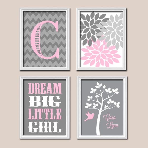 Pink Gray Wall Art CANVAS or Prints Nursery Girl by TRMdesign