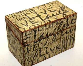 Wood Recipe Box Burlap Live Laugh Love Fits 4x6 Cards