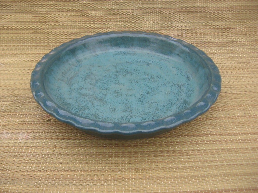 Handmade Ceramic Pie Plate Historic style in teal by jeannepottery