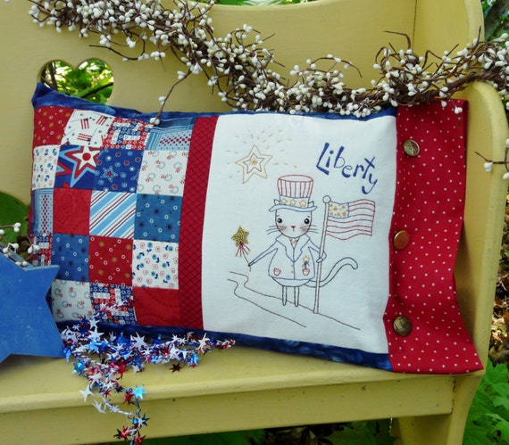 Liberty patchwork cat embroidery PDF Pattern - primitive stitchery Kitty Flag Stars pillow uncle sam