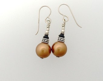 Swarovski Crystal 12 mm Copper Pearl Earrings with Sterling Silver