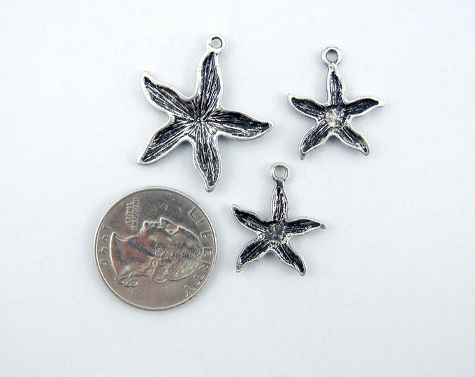 Set of Starfish Pendant and Charms Textured Antique Silver-tone