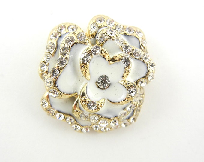 Gold-tone Rose Pendant with White Epoxy and Rhinestones Double link