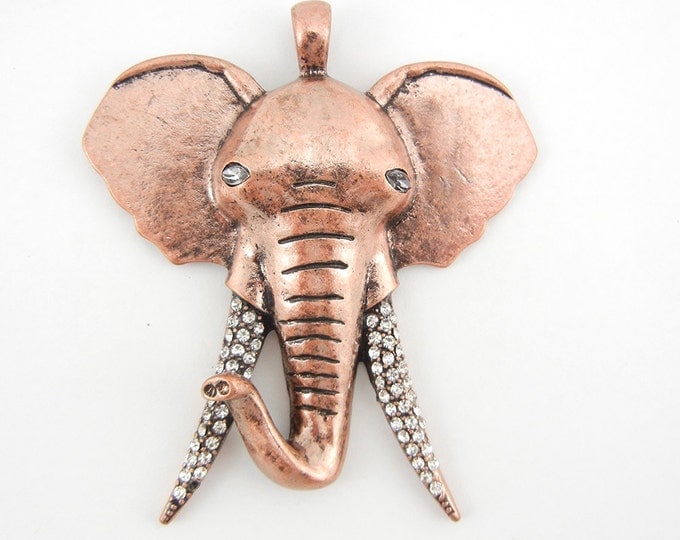 Antique Copper-tone Rhinestone Tusks Elephant Head Pendant