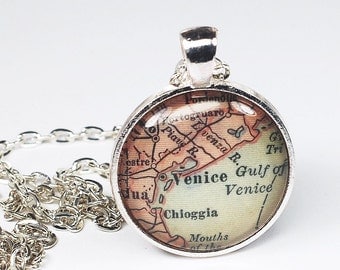 Venice Map Necklace- Vintage Venice Map Pendant Jewelry from an Antique 1915 Atlas, Italy Map Necklace, Venice Pendant, Venice Necklace