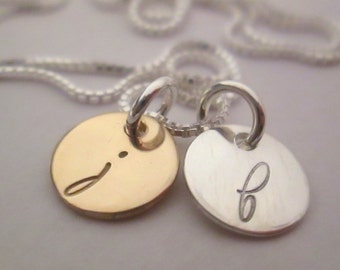 Valentine's Day - Mini Initials Necklace - 14 kt Solid Gold and Sterling Silver Necklace - Personalized Necklace - Hand stamped