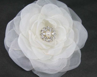 Bridal Hair Flower, Diamond White Organza Rose Hair Clip L190 bridal hair accessory