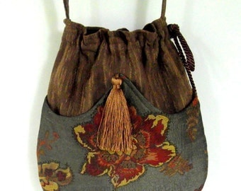 Brown Floral Tapestry Pocket Boho Bag Drawstring Bag Bohemian Bag Crossbody Purse Piperscrossing Bag