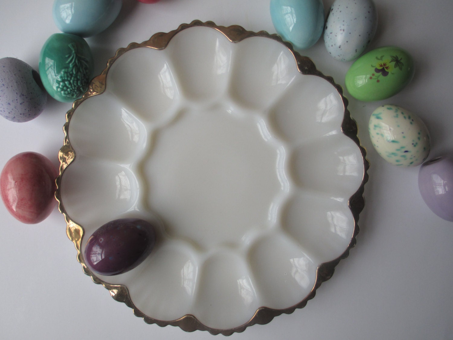 Vintage Milk Glass and Gold Trim Egg Dish by