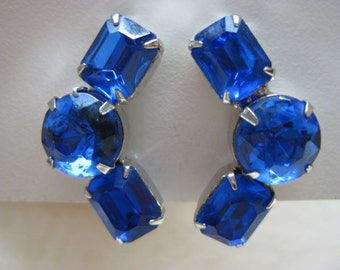 Blue Rhinestone Silver Earrings Clip Vintage