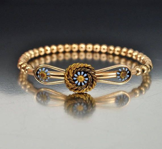 Antique Victorian Gold Filled Bangle Bracelet Enamel Flower