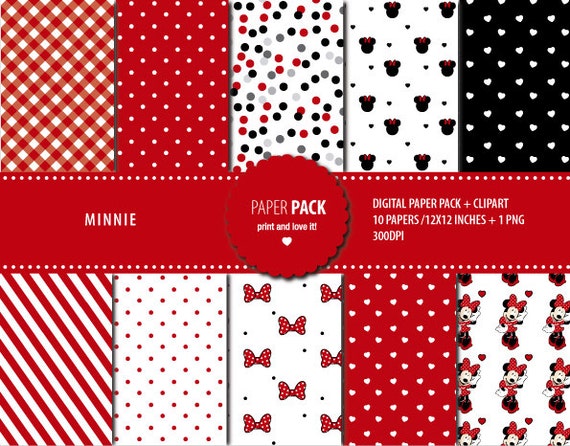 Digital Paper Pack Minnie Mouse. Red. Printable. 12x12 sheets