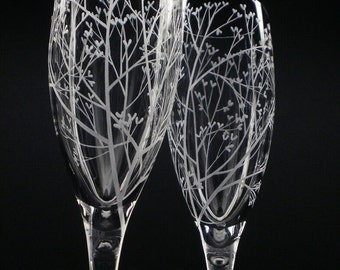 2 Champagne Flutes Hand Engraved Crystal Glass 'Tree Of Love' Wedding Flutes Spring Wedding Party