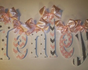 GLITTER and SPARKLE Pink and Gray Hand Painted Wood Wall Letters, Baby Nursery Wall Letters