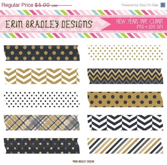 50% OFF SALE New Years Black & Gold Washi Tape Clipart Commercial Use Digital Clip Art Graphics INSTANT Download Il_570xn
