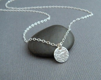 silver circle necklace - simple silver necklace. delicate. dainty. tiny. sterling. hammered disc pendant. 3/8". layering. ready to ship gift