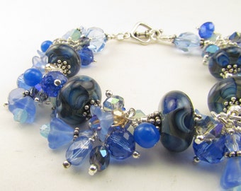 Blue Lampwork Beaded Charm Bracelet, Handcrafted Charms, Handmade by Harleypaws, SRAJD