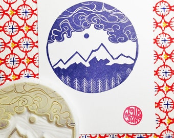 winter alps mountain stamp. woodland hand carved rubber stamp. christmas birthday wedding scrapbooking. winter crafts. large