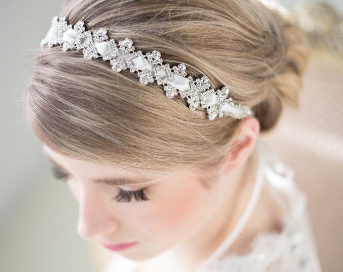 Wedding Headband, Bridal Rhinestone Headband, Ribbon Headband