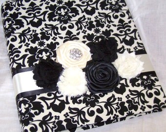 GUEST BOOK, Photo Spot, Advice Book, Black and Ivory, Floral Damask, Romantic Rosettes, Custom Colors available