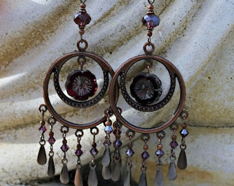 Bohemian Chandelier Earrings, Purple, Dangle Earrings, Antique Copper, Czech Glass, Bohemian Flower, Crystal Dangle