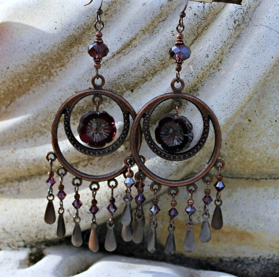 Bohemian Chandelier Earrings Purple Dangle Earrings Antique