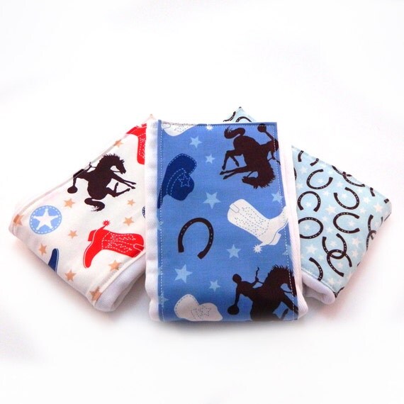 Cowboy Burp Cloths - Boy Blue Red Brown- Set of 3 // Cotton Burp Cloth // Baby Shower Gift