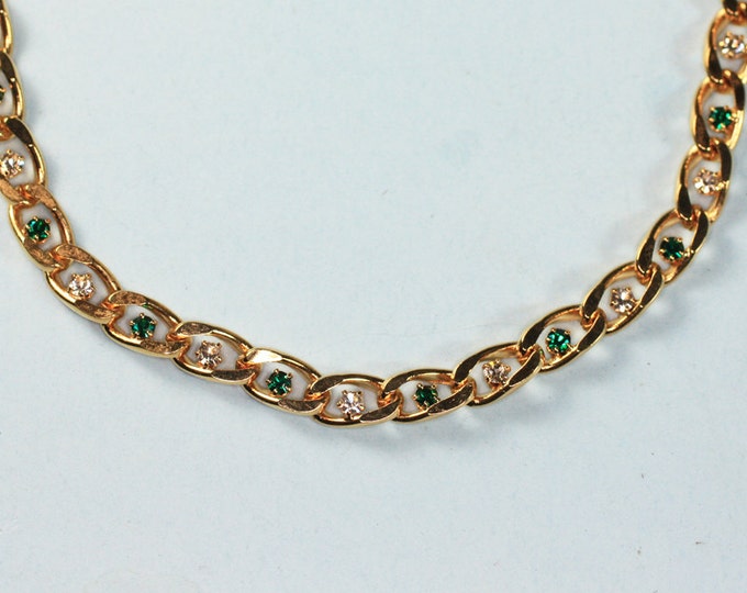 Green and Clear Rhinestone Necklace Curb Link Chain Gold Tone Vintage